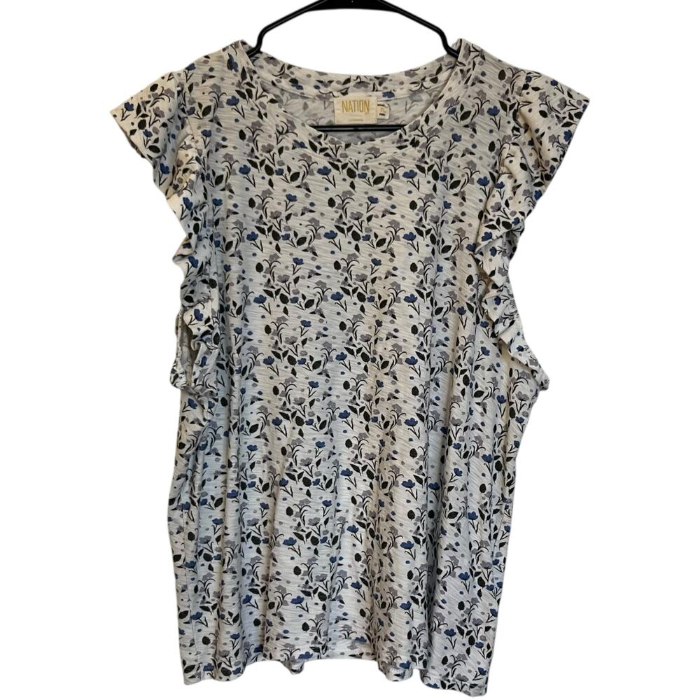 Nation LTD Paulette Top Cottage Floral Flutter Sleeveless Ruffle White Size XL
